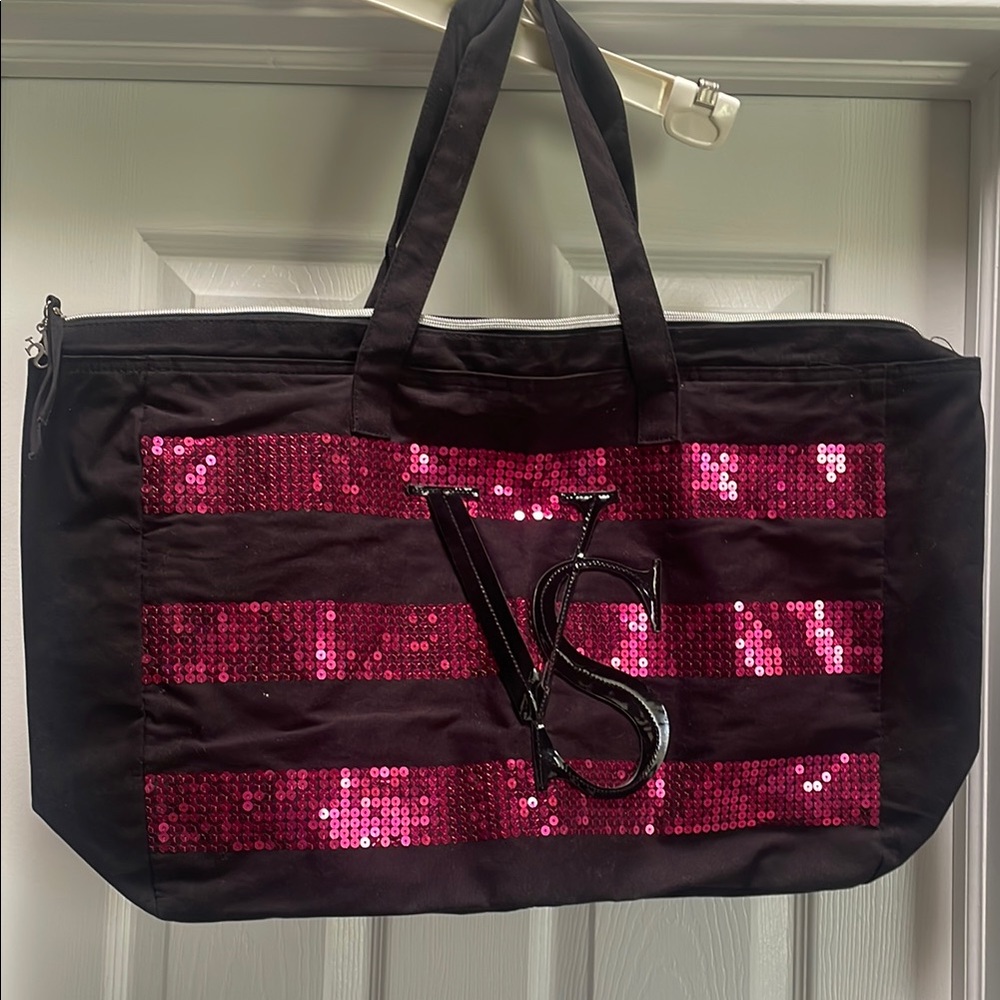 Victoria's Secret Black and Pink Sequin Travel Bag